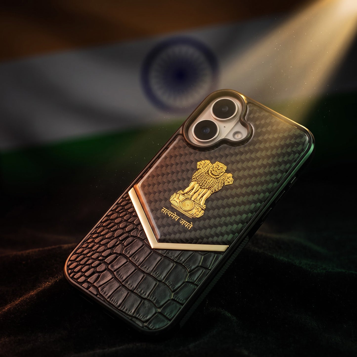 iPhone 16 Series Satyamev Jayate Gold Emblem Hybrid Leather Case