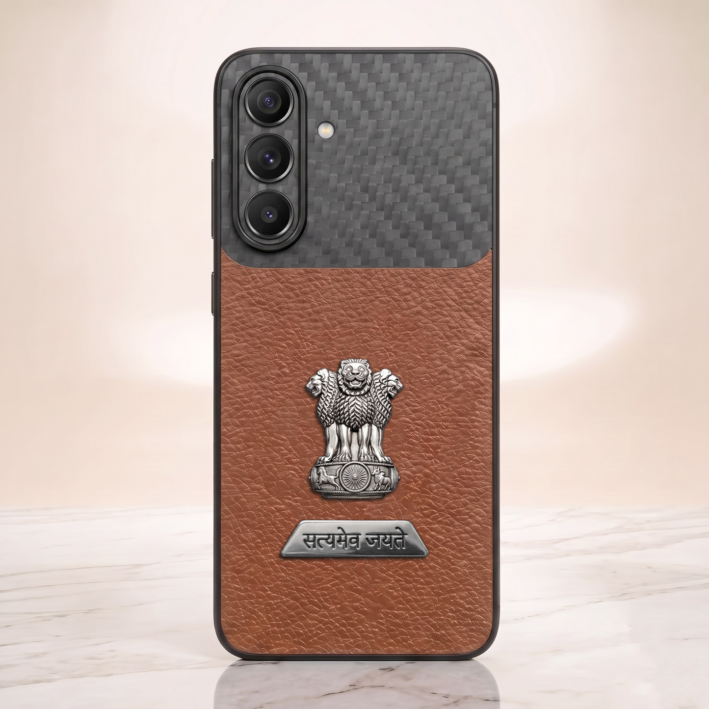 Samsung Galaxy A27 5G Satyamev Jayate 2-in-1 Emblem Carbon Fiber Leather Phone Case