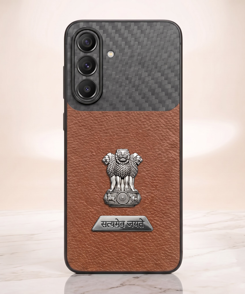 Samsung Galaxy A27 5G Satyamev Jayate 2-in-1 Emblem Carbon Fiber Leather Phone Case