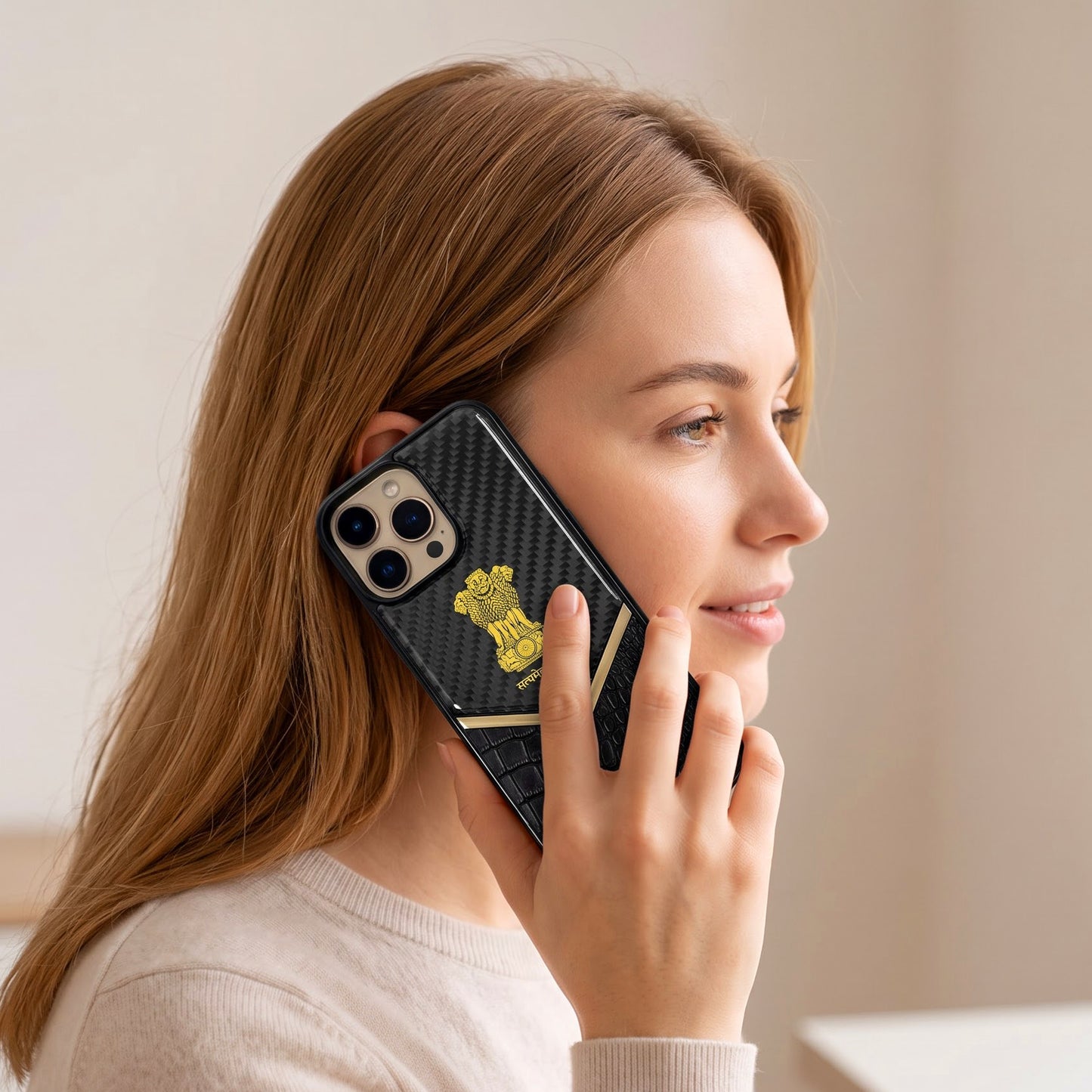 iPhone 14 Pro Series Satyamev Jayate Gold Emblem Hybrid Leather Case