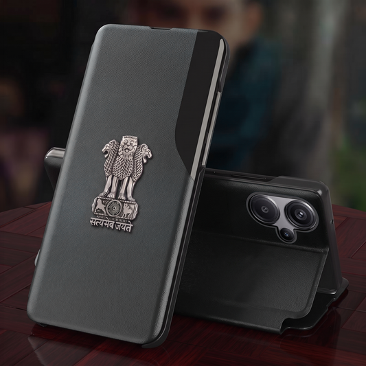 Redmi Note 13 Pro+ 5G Metal Emblem Satyamev Jayate Half Window Leather Flip Case