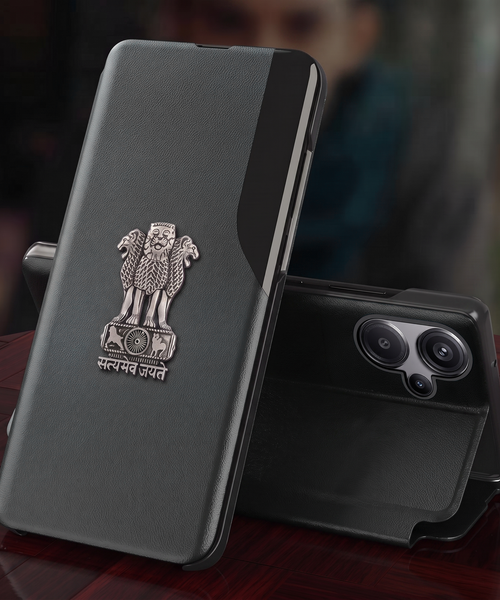 Redmi Note 13 Pro+ 5G Metal Emblem Satyamev Jayate Half Window Leather Flip Case