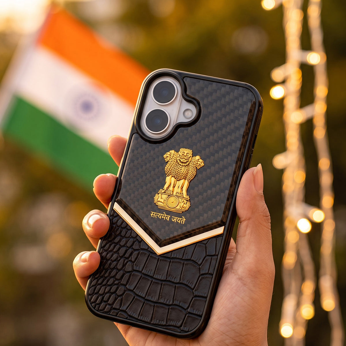 iPhone 16 Series Satyamev Jayate Gold Emblem Hybrid Leather Case