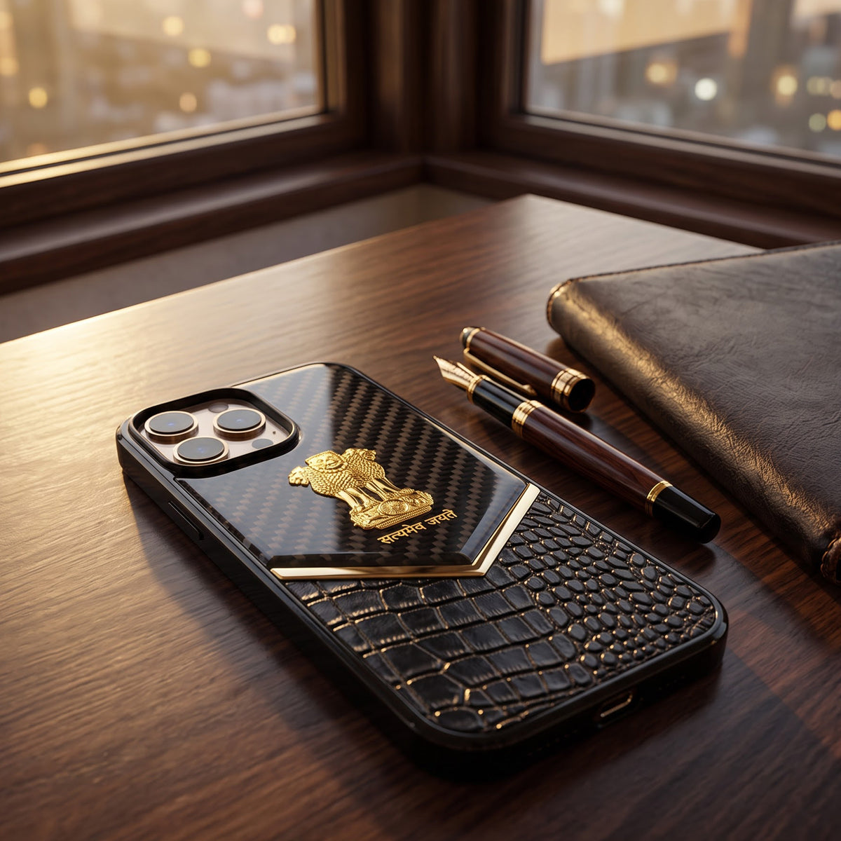 iPhone 13 Pro Series Satyamev Jayate Gold Emblem Hybrid Leather Case