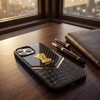 iPhone 13 Pro Series Satyamev Jayate Gold Emblem Hybrid Leather Case