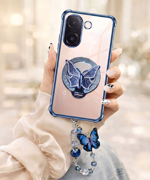 Vivo V60e 5G Transparent Airbag Butterfly Stand Case with Charm Strap