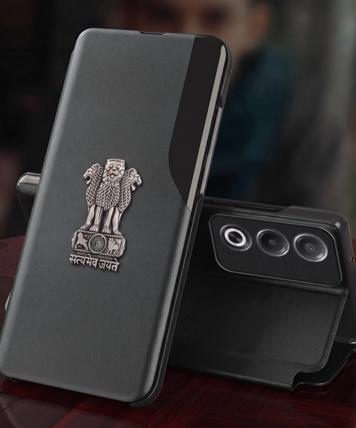 Oppo A3 Pro 5G Metal Emblem Satyamev Jayate Half Window Leather Flip Case