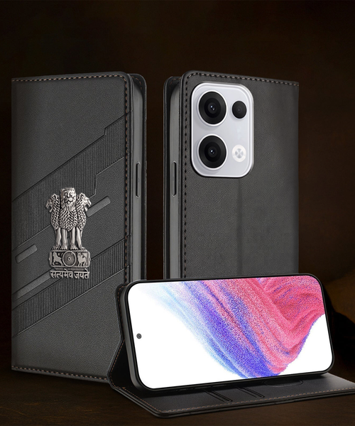 Oppo Reno 13 5G Satyamev Jayate 3D Emblem Magnetic Flip Wallet Case