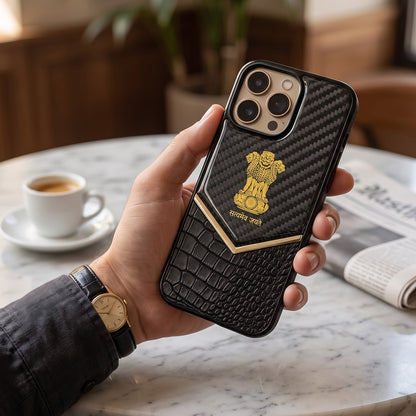 iPhone 13 Pro Series Satyamev Jayate Gold Emblem Hybrid Leather Case