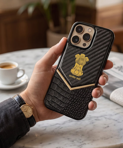 iPhone 13 Pro Series Satyamev Jayate Gold Emblem Hybrid Leather Case