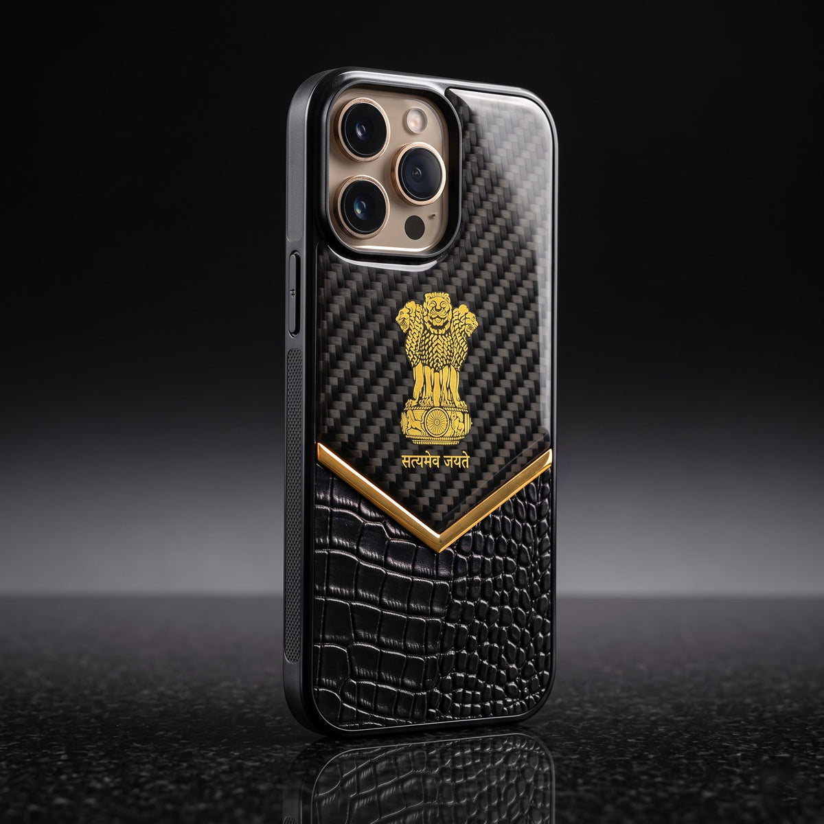 iPhone 13 Pro Series Satyamev Jayate Gold Emblem Hybrid Leather Case