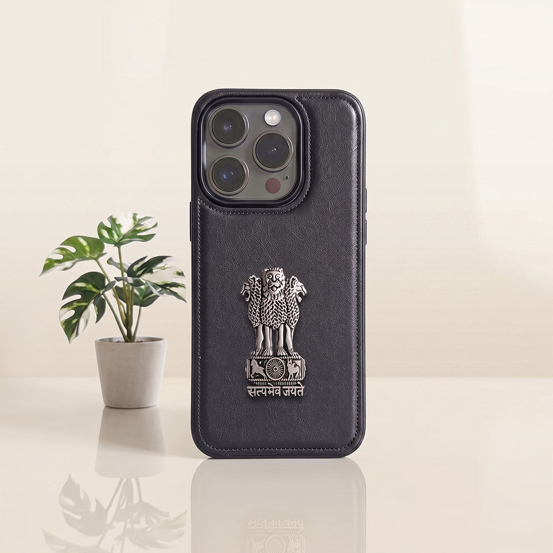 iPhone 15 Series 5G Skin Feel Leather Metal Satyamev Jayate Emblem Case