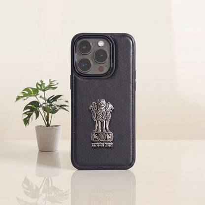 iPhone 15 Series 5G Skin Feel Leather Metal Satyamev Jayate Emblem Case