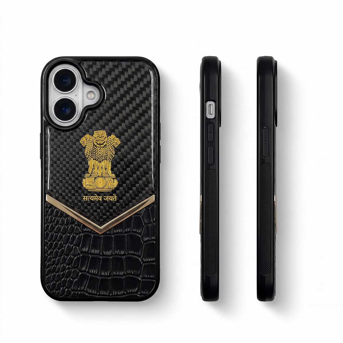 iPhone 16 Series Satyamev Jayate Gold Emblem Hybrid Leather Case