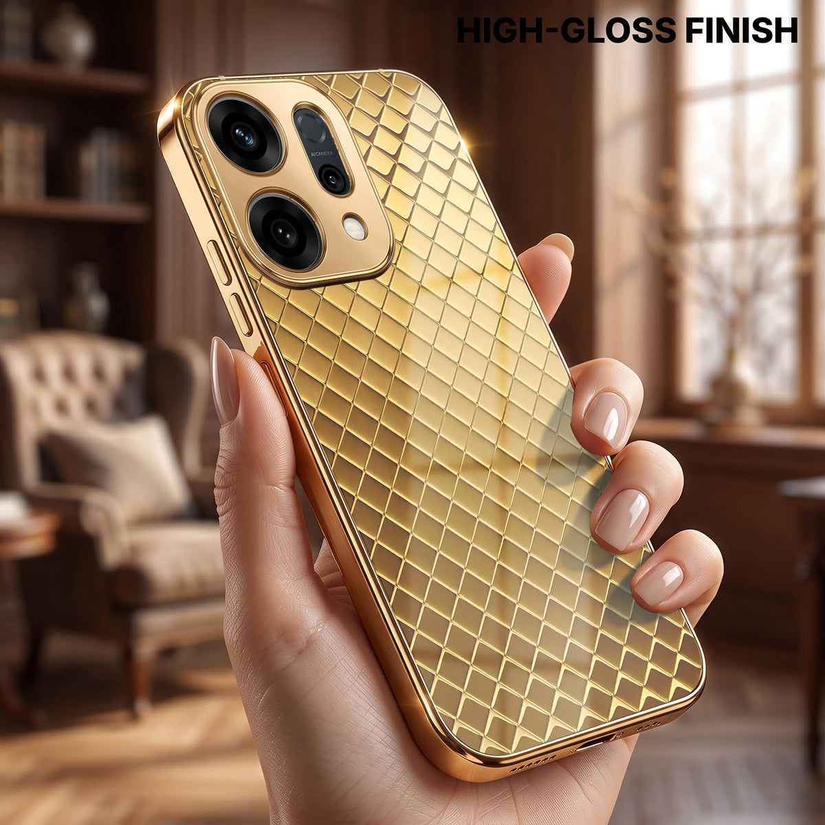 Oppo Reno 14 5G Golden Criss Cross Gold Electroplated Glass Phone Back Case