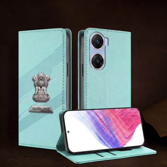 Vivo V29e 5G Metal Satyamev Jayate 2-in-1 Emblem Magnetic Flip Wallet Case