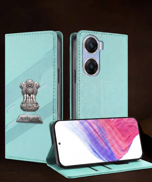 Vivo V29e 5G Metal Satyamev Jayate 2-in-1 Emblem Magnetic Flip Wallet Case