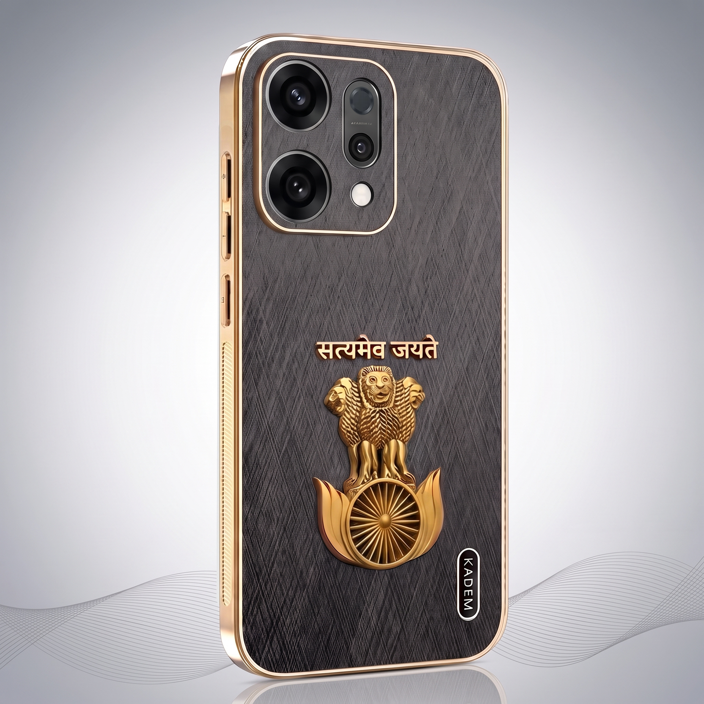Oppo Reno 14 Satyamev Jayate 3D Electroplated Frame Gold Thread Pattern Hard Back Case