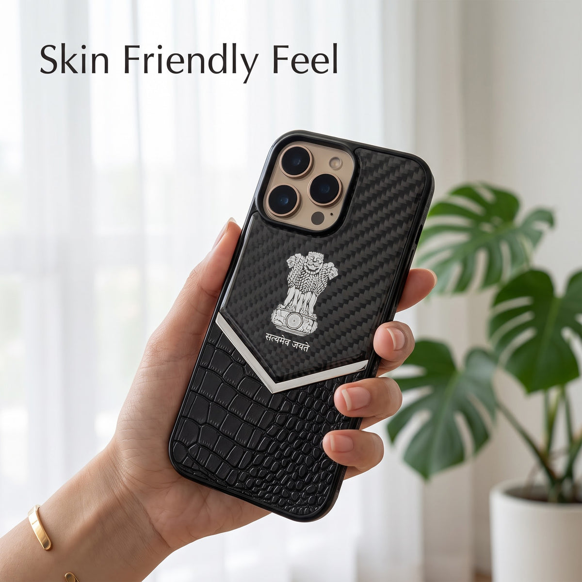 iPhone 14 Pro Series Satyamev Jayate Gold Emblem Hybrid Leather Case