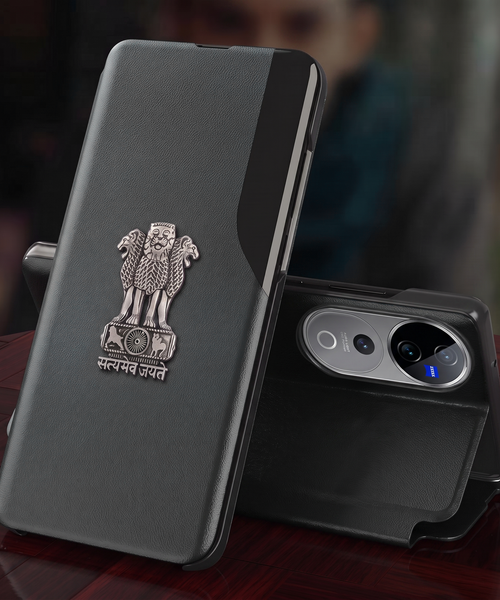 Vivo V40 Pro 5G Metal Emblem Satyamev Jayate Half Window Leather Flip Case