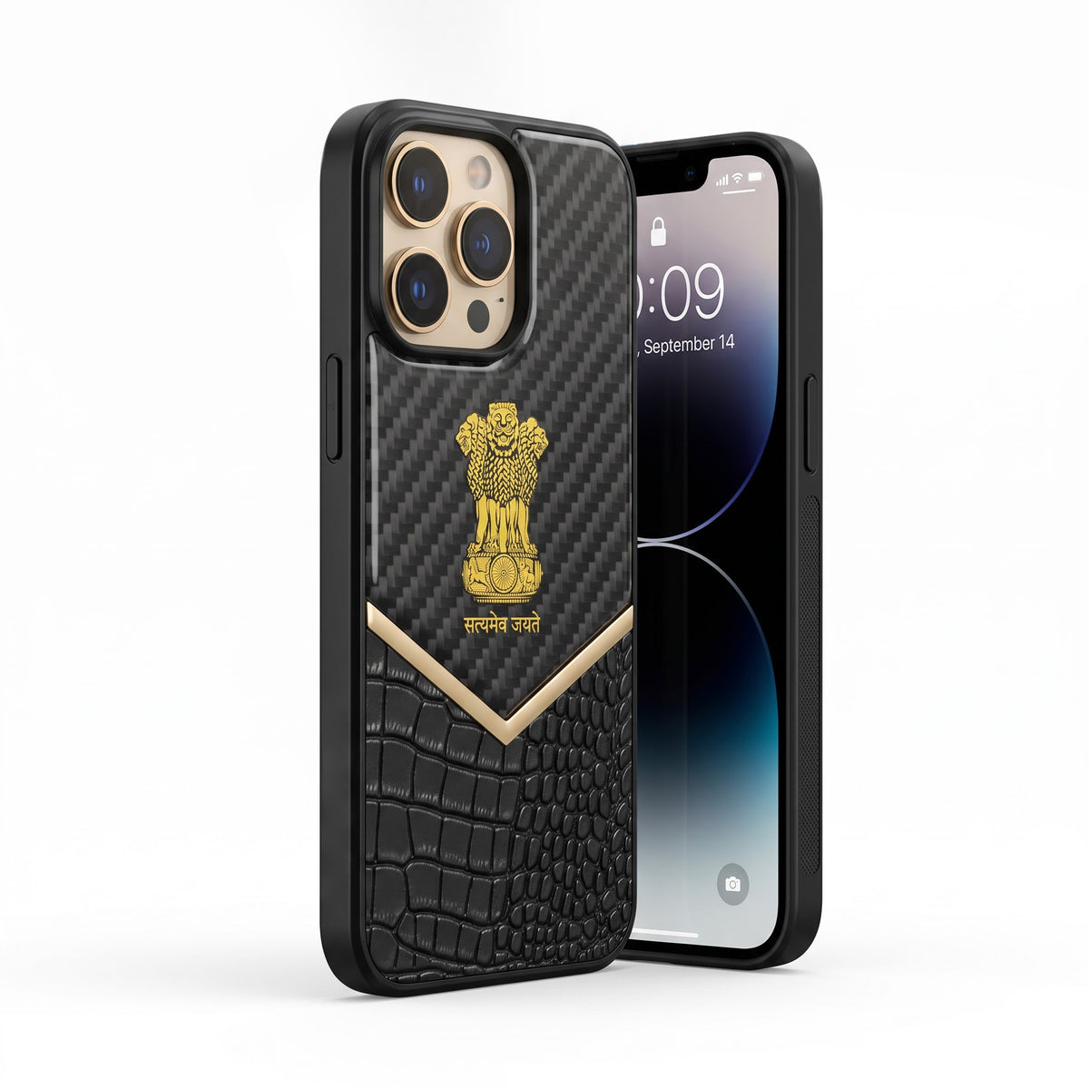 iPhone 13 Pro Series Satyamev Jayate Gold Emblem Hybrid Leather Case