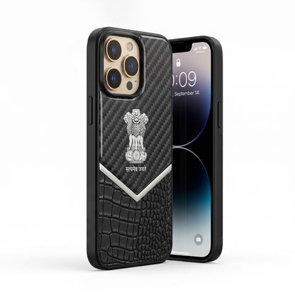 iPhone 14 Pro Series Satyamev Jayate Gold Emblem Hybrid Leather Case