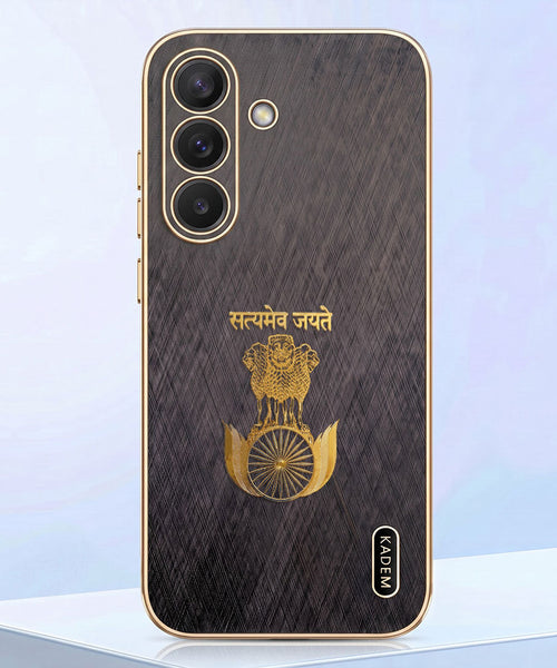 Samsung Galaxy A37 5G Satyamev Jayate 3D Electroplated Frame Gold Thread Pattern Hard Back Case