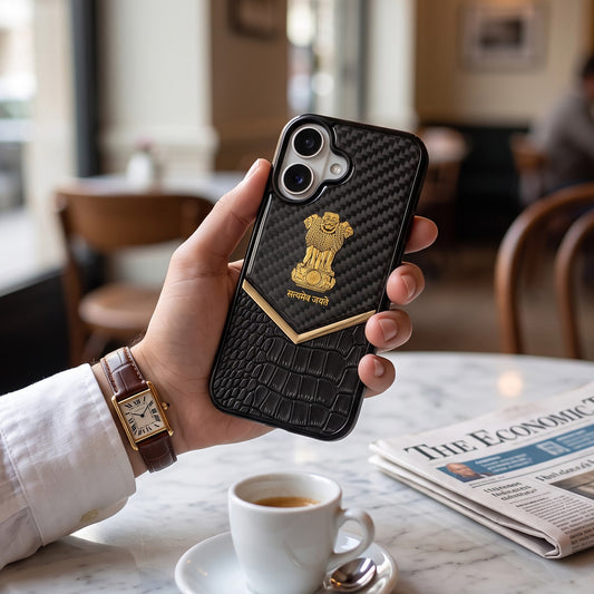 iPhone 16 Series Satyamev Jayate Gold Emblem Hybrid Leather Case