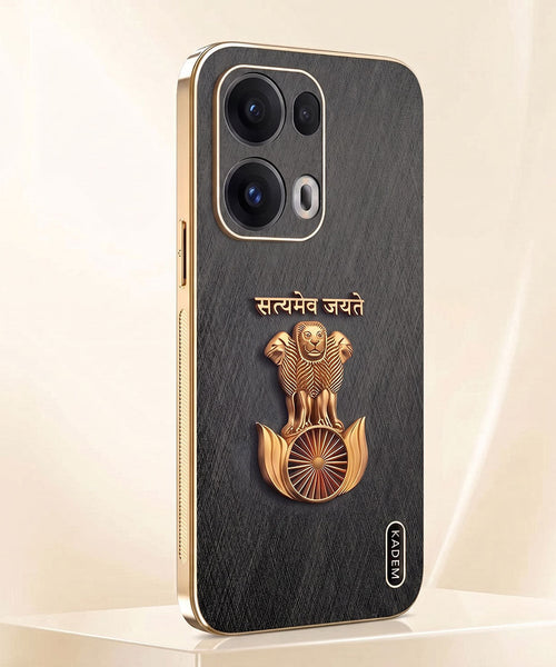 Oppo Reno 13 Satyamev Jayate 3D Electroplated Frame Gold Thread Pattern Hard Back Case