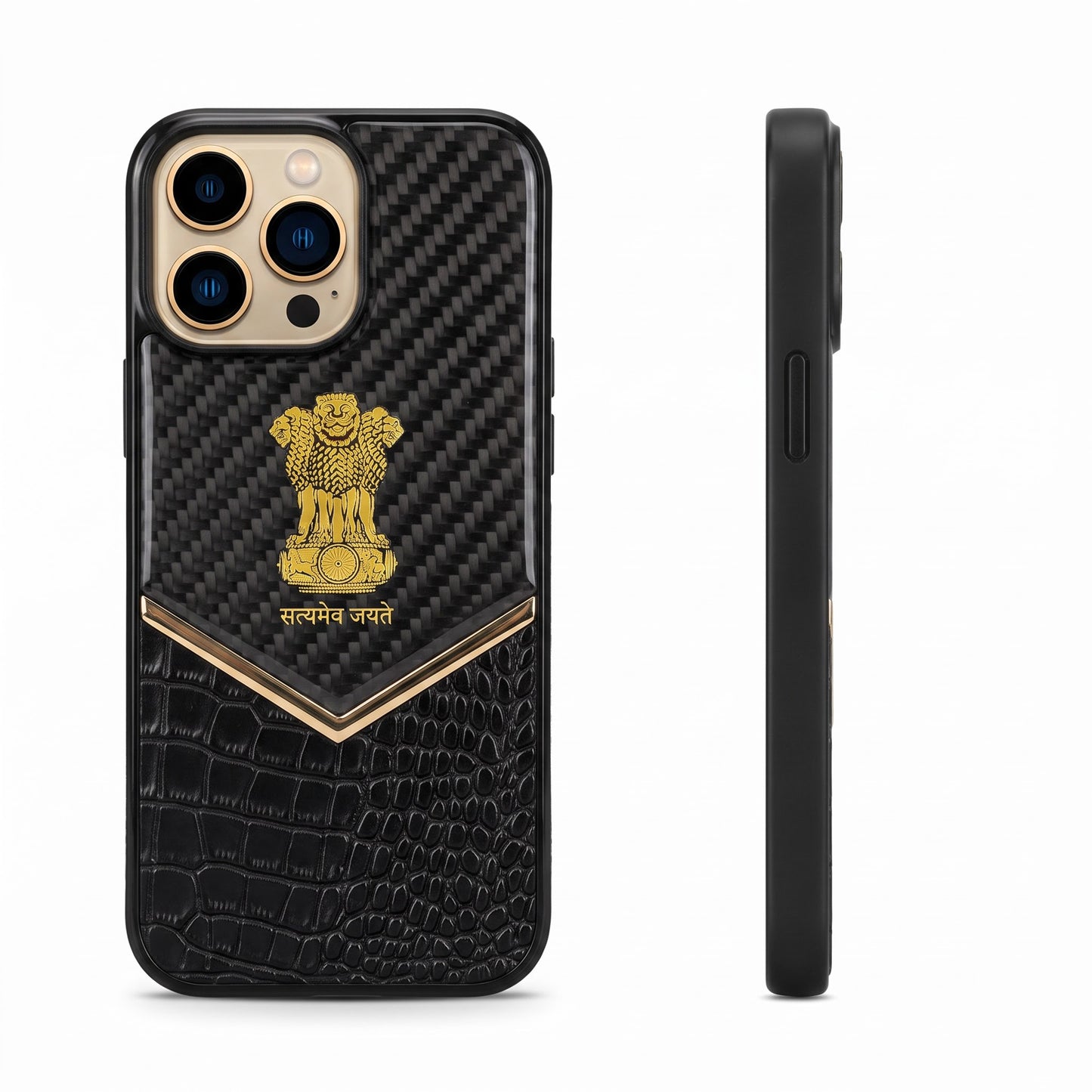 iPhone 16 Series Satyamev Jayate Gold Emblem Hybrid Leather Case