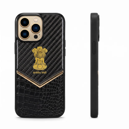 iPhone 16 Series Satyamev Jayate Gold Emblem Hybrid Leather Case