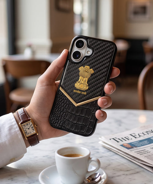 iPhone 16 Series Satyamev Jayate Gold Emblem Hybrid Leather Case