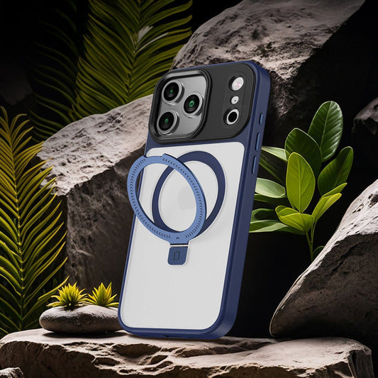 Phone case with a blue ring holder on a rock with plants