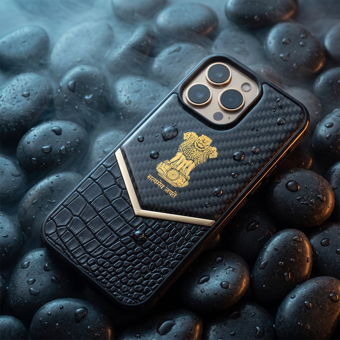 iPhone 13 Pro Series Satyamev Jayate Gold Emblem Hybrid Leather Case