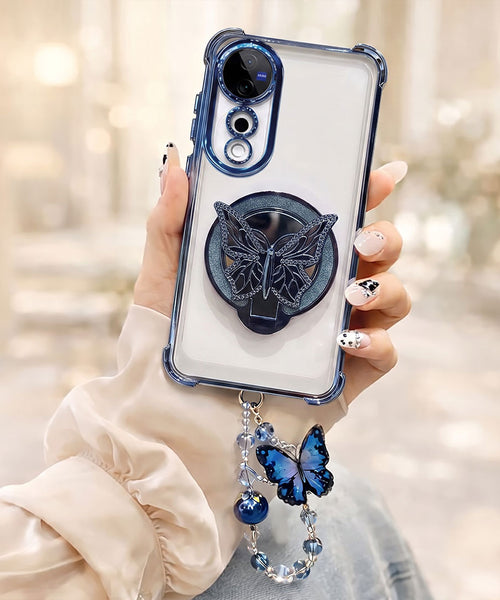 Vivo V40 Pro 5G Transparent Airbag Butterfly Stand Case with Charm Strap