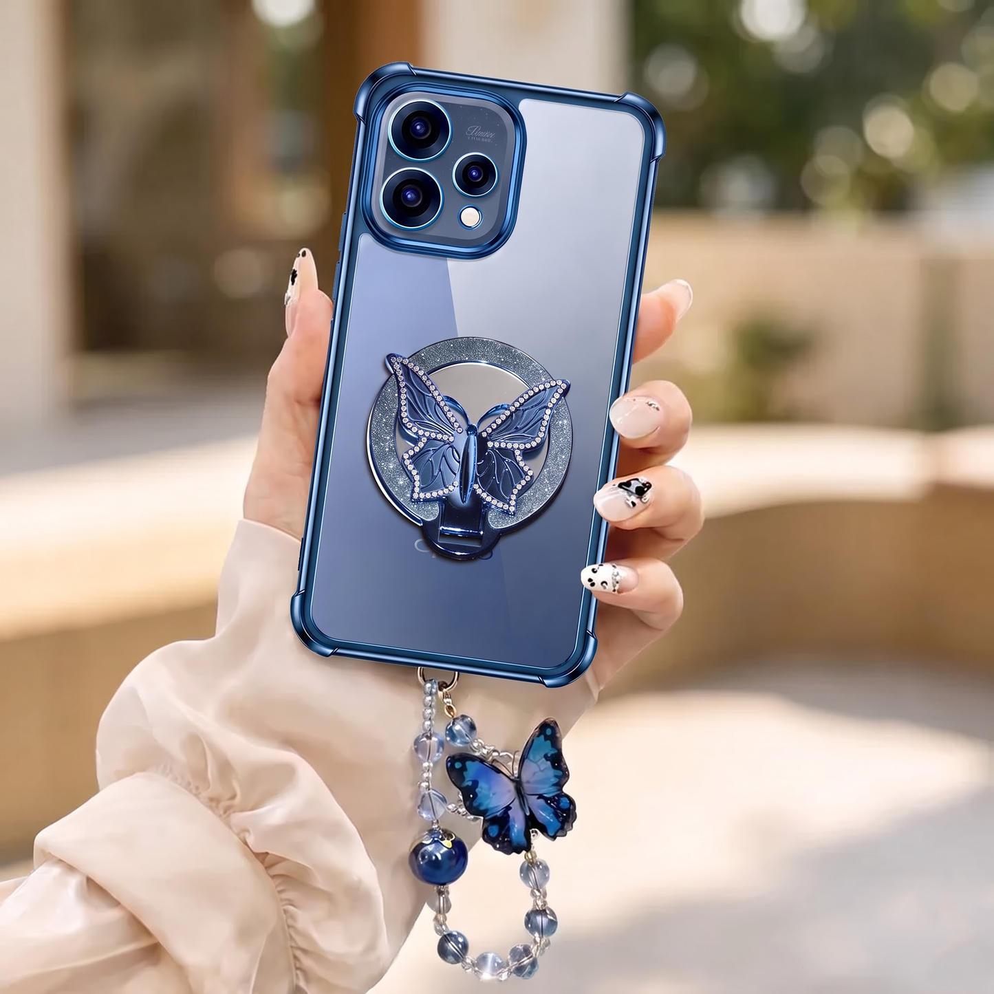 Oppo Reno 15 5G Transparent Airbag Butterfly Stand Case with Charm Strap