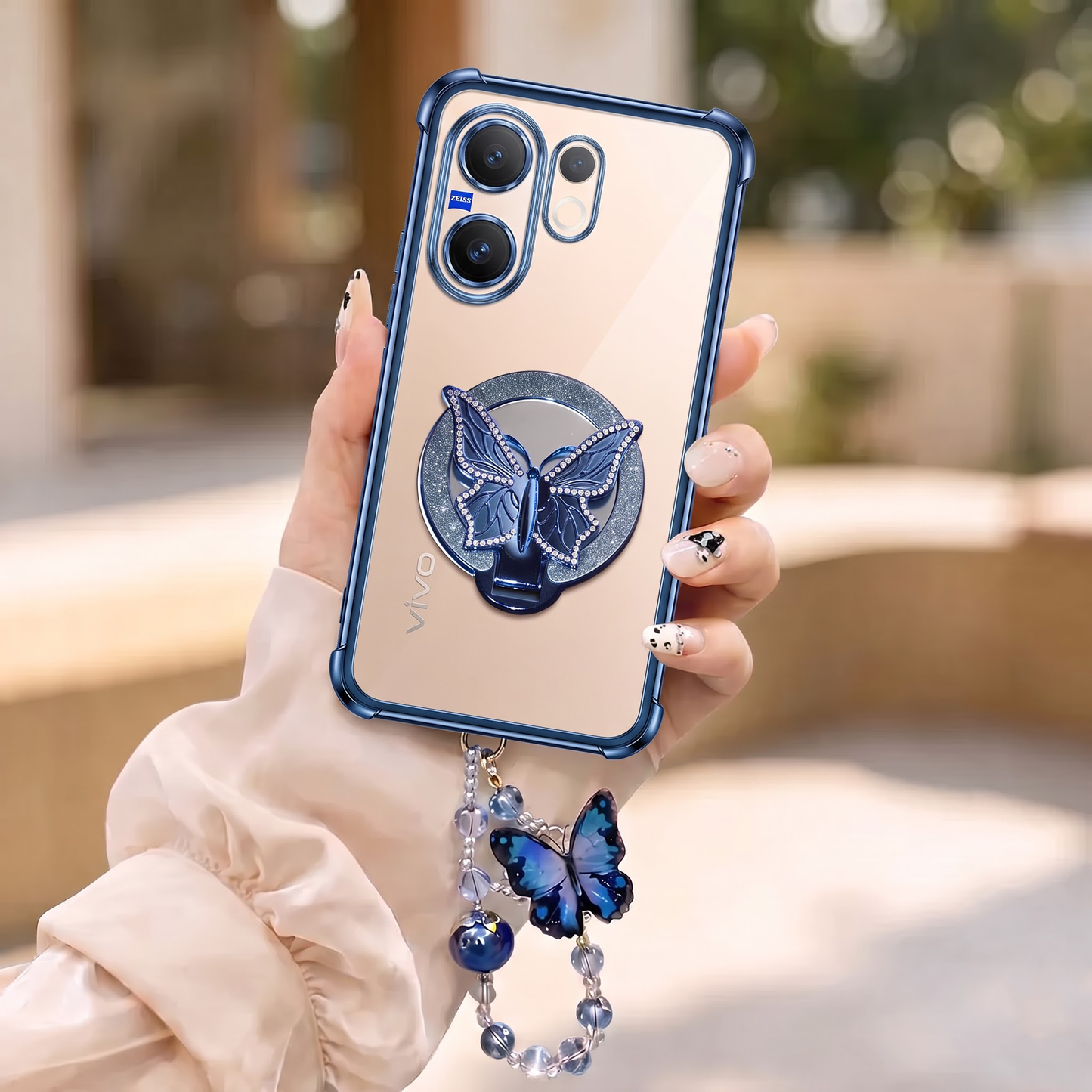 Vivo V60 5G Transparent Airbag Butterfly Stand Case with Charm Strap