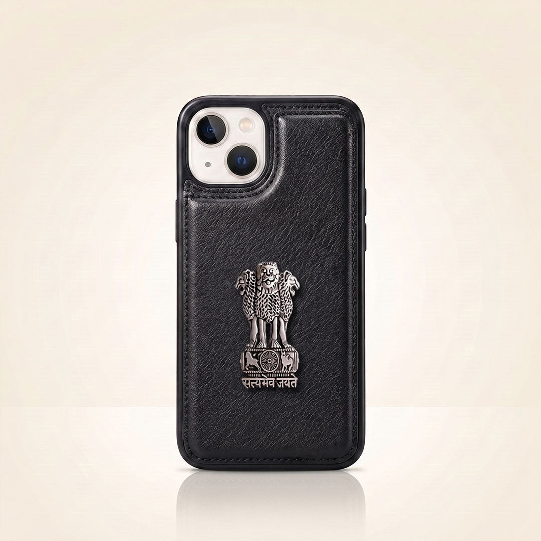 iPhone 15 Series 5G Skin Feel Leather Metal Satyamev Jayate Emblem Case