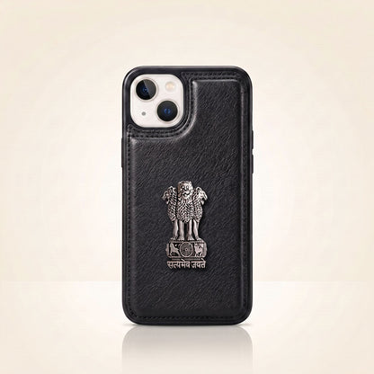 iPhone 15 Series 5G Skin Feel Leather Metal Satyamev Jayate Emblem Case