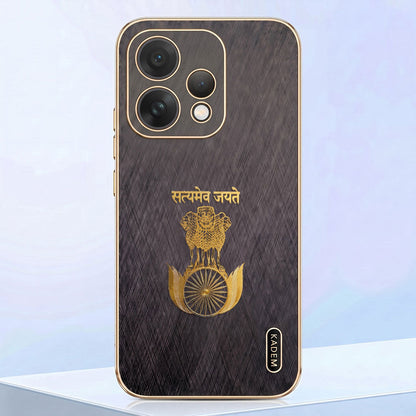 Oppo Reno 15 5G Satyamev Jayate 3D Electroplated Frame Gold Thread Pattern Hard Back Case
