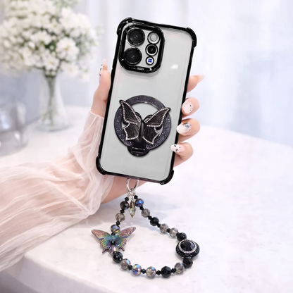 Vivo V70 5G Transparent Airbag Butterfly Stand Case with Charm Strap