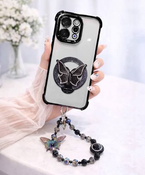Vivo V70 5G Transparent Airbag Butterfly Stand Case with Charm Strap