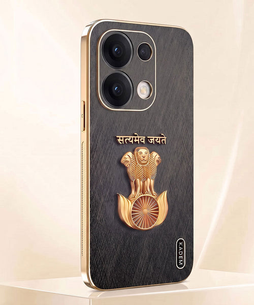 Oppo Reno 13 Satyamev Jayate 3D Electroplated Frame Gold Thread Pattern Hard Back Case