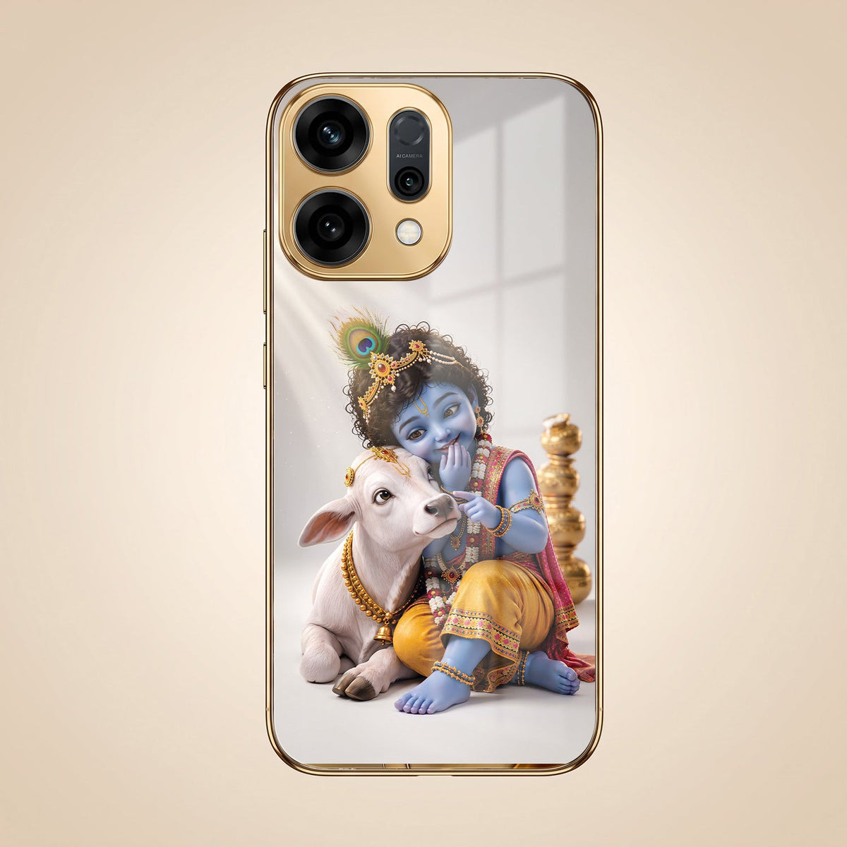 Oppo Reno 14 5G Bal Krishna Blessings Gold Electroplated Glass Phone Back Case