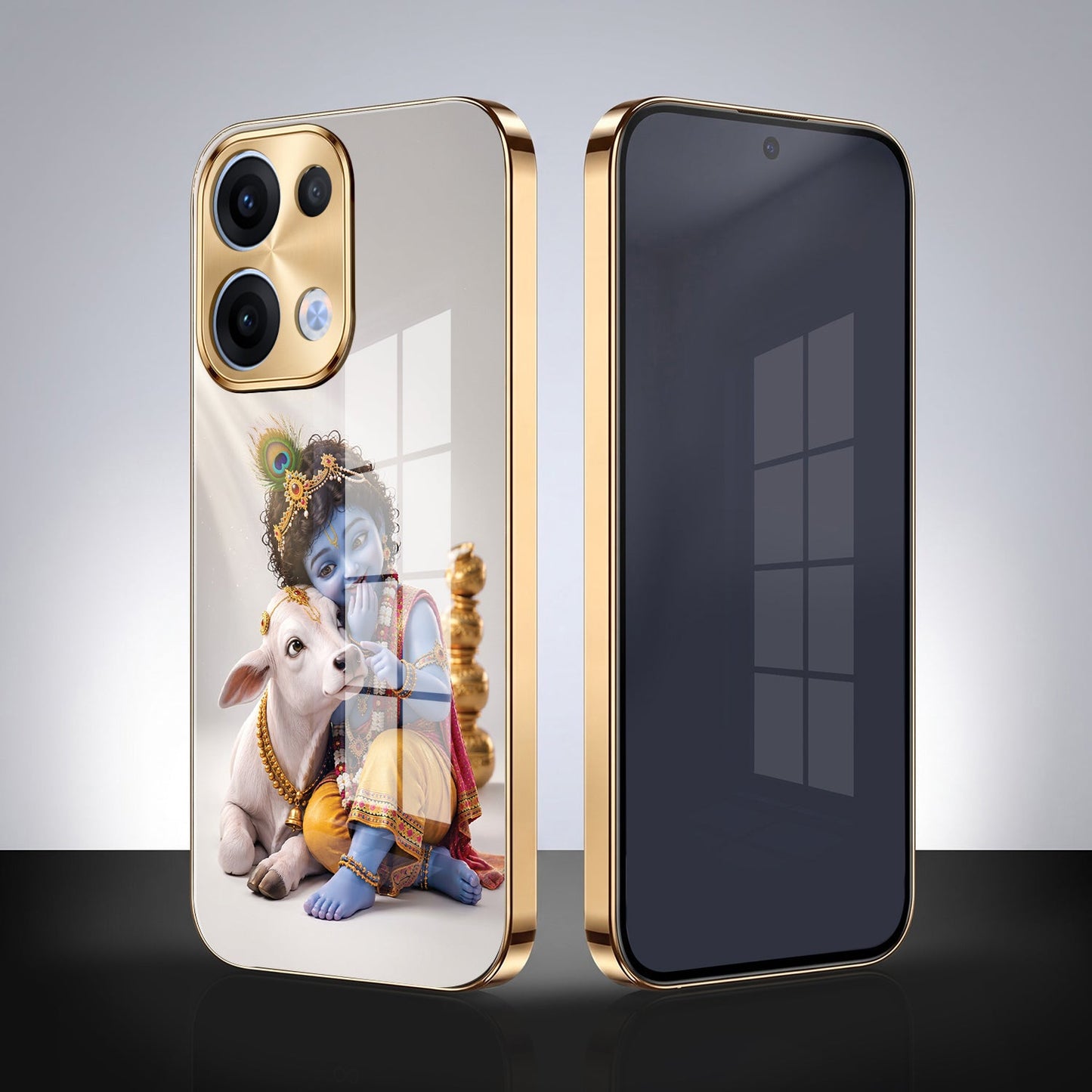 Oppo Reno 13 5G Bal Krishna Blessings Gold Electroplated Glass Phone Back Case