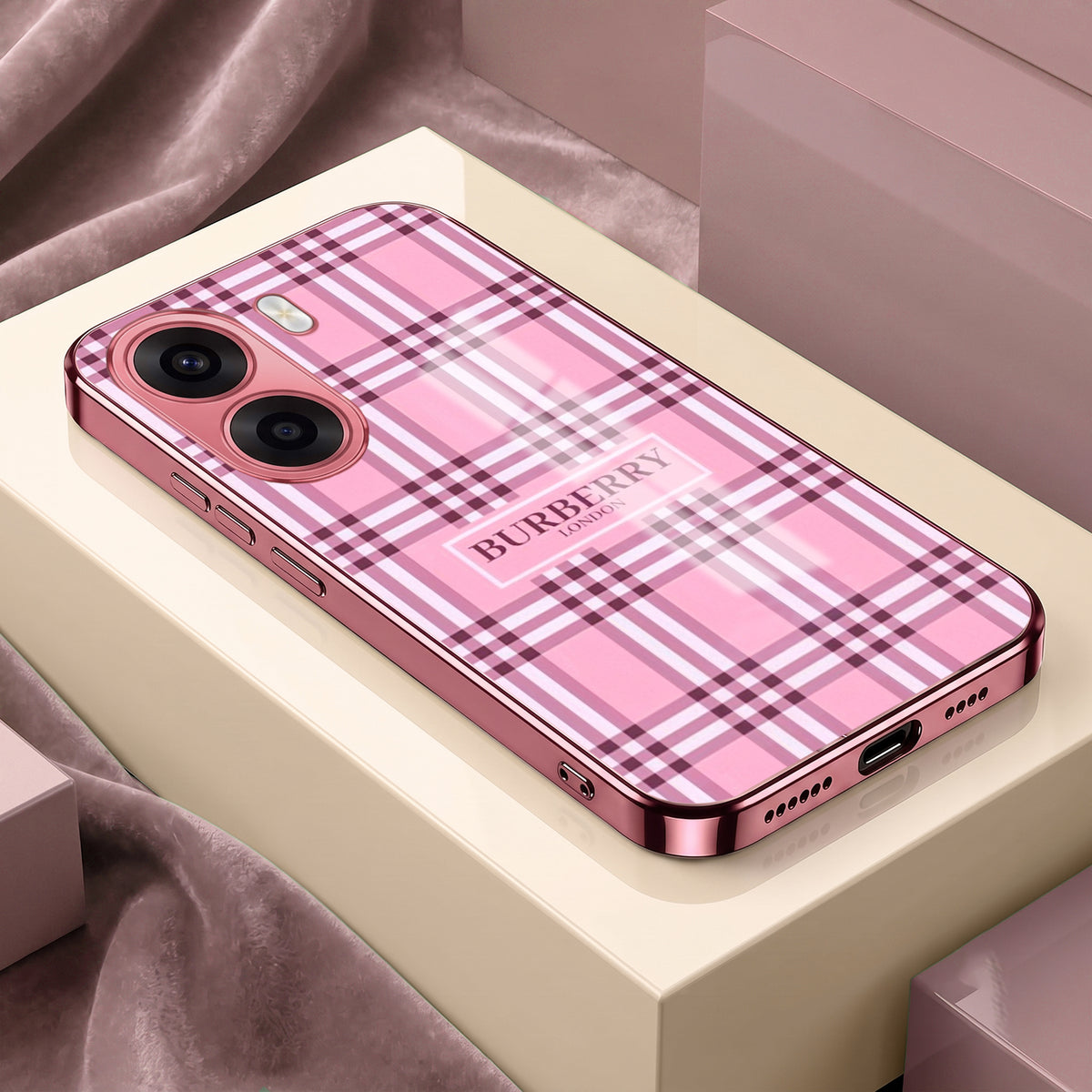 Oppo K14x 5G Burberry Classic Pink Electroplated Glass Phone Back Case