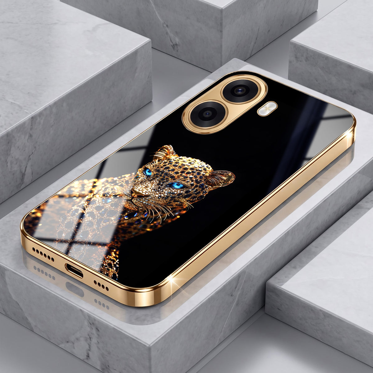 Oppo K14x 5G Panther Gold Electroplated Glass Phone Back Case