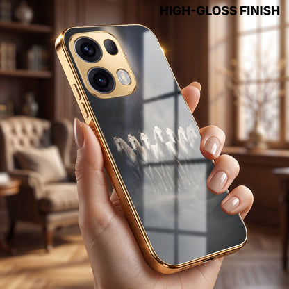 Oppo Reno 13 Pro 5G Running Horses Gold Electroplated Glass Phone Back Case