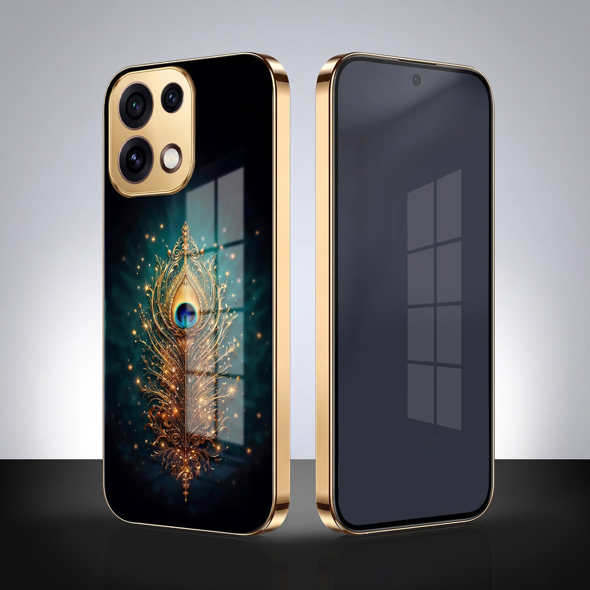 Oppo Reno 16C 5G Golden Peacock Feather Gold Electroplated Glass Phone Back Case