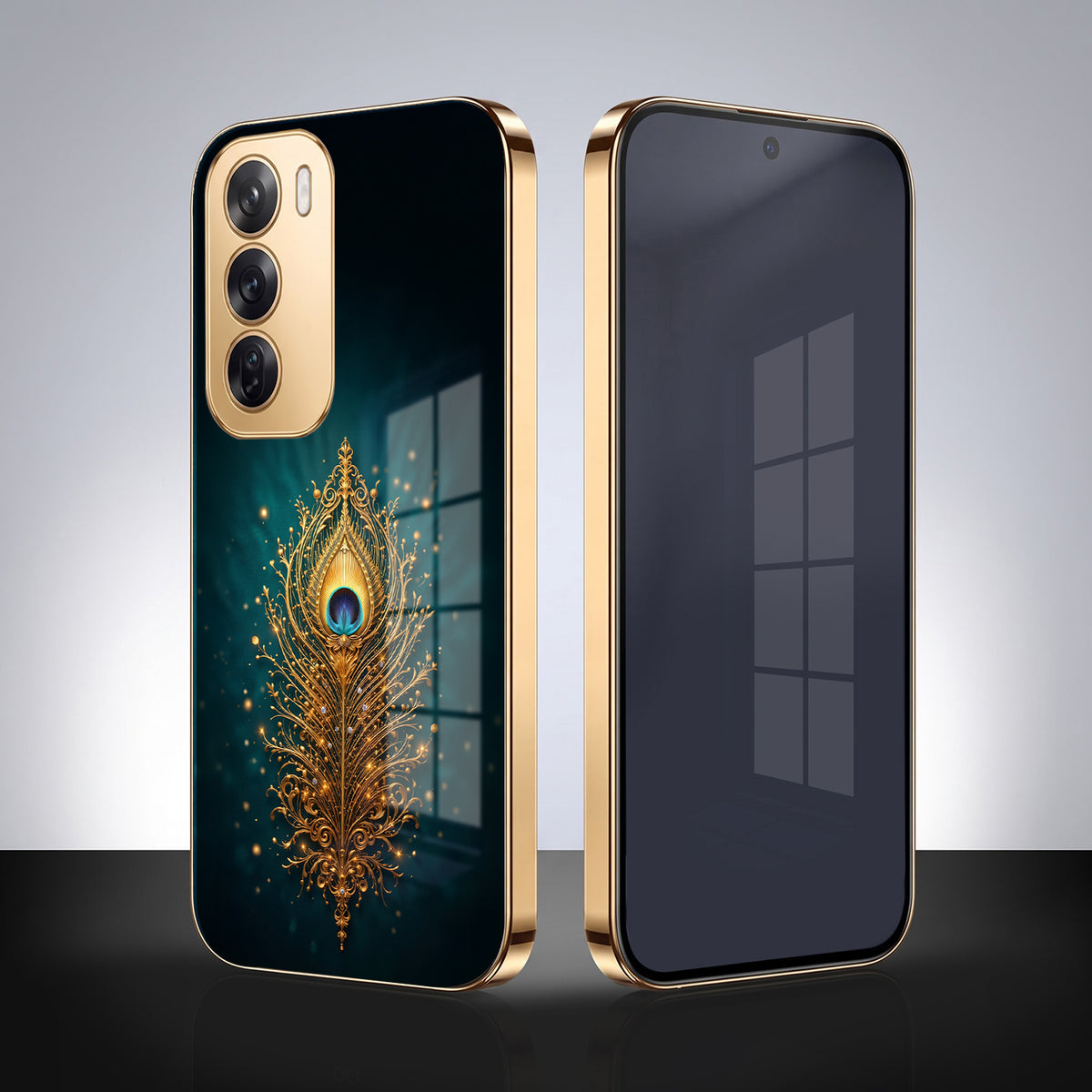 Oppo Reno 12 Pro 5G Golden Peacock Feather Gold Electroplated Glass Phone Back Case